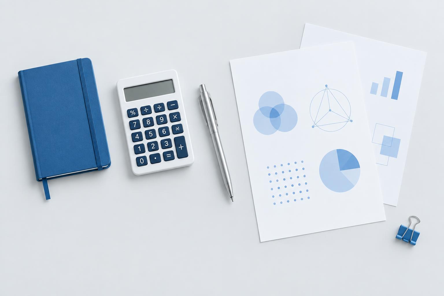 Everyday stationery and a calculator on a light desk