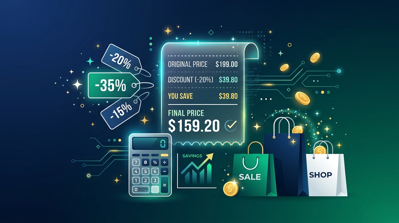 Discount calculator guide illustration showing original price, 20% discount badge, you save amount, and final price receipt