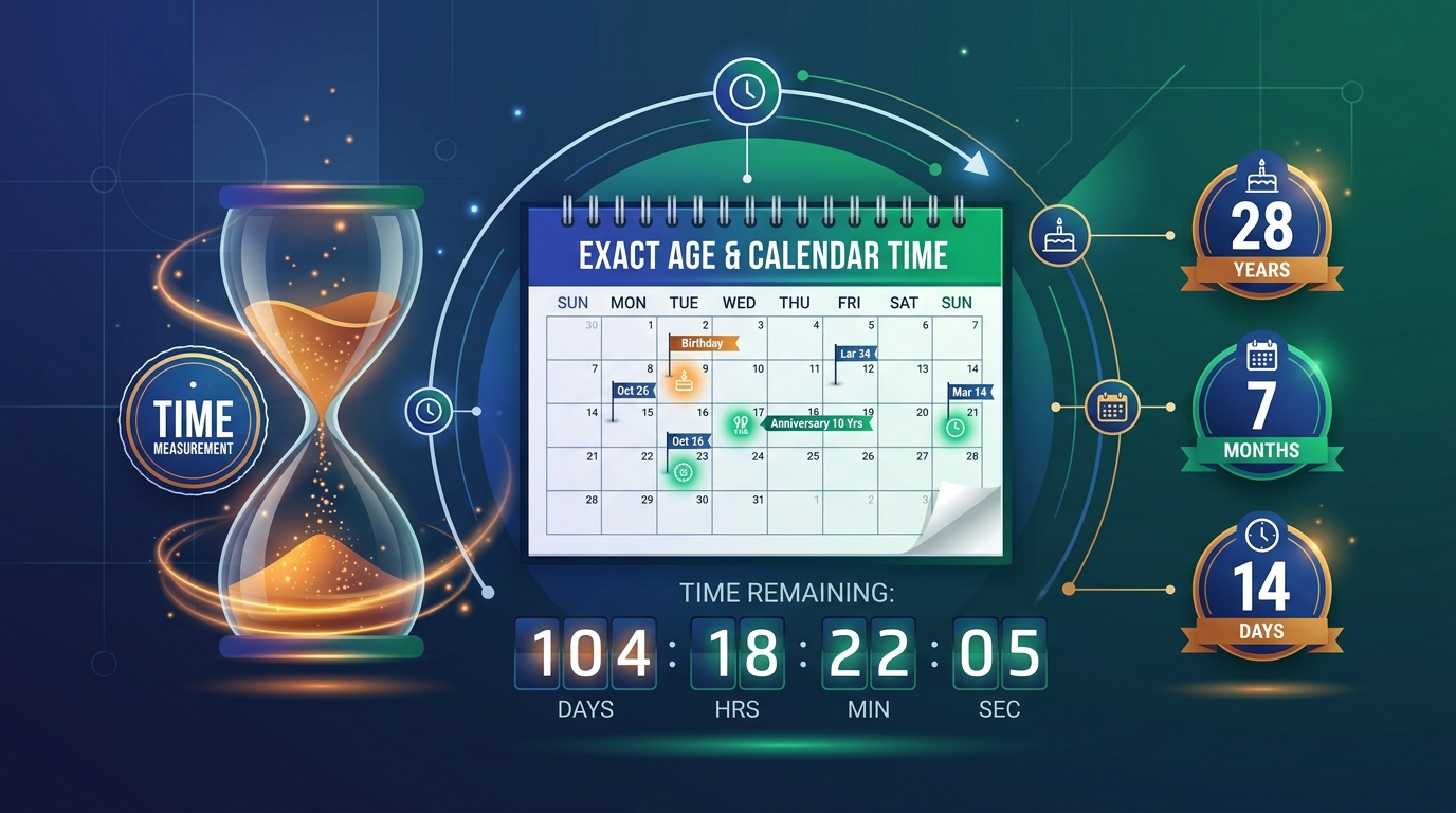 Exact age calculation guide illustration showing calendar, hourglass, elapsed years, months, days, and countdown badges