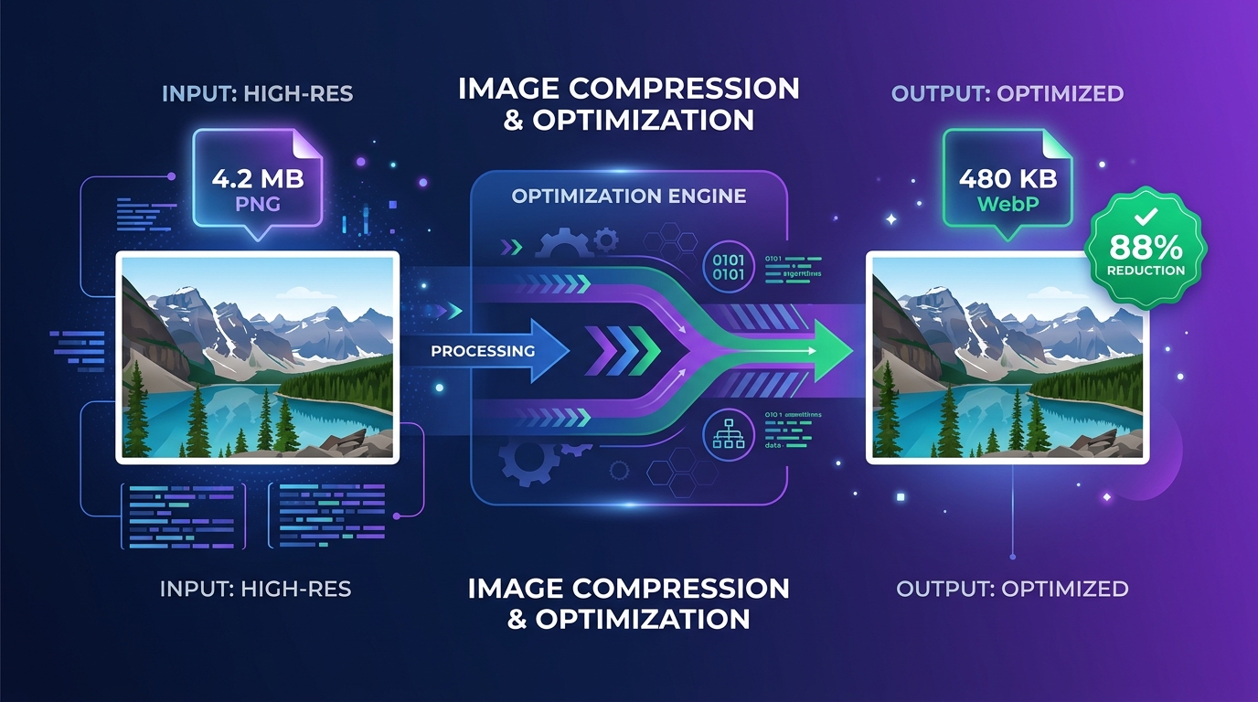 Image compression guide illustration showing before and after file size reduction from 4.2 MB PNG to 480 KB WebP