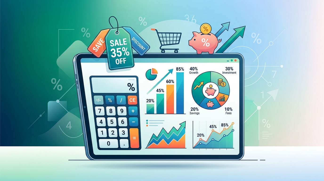 Percentage calculator guide illustration featuring mathematical formulas, charts, discounts, and calculation graphs