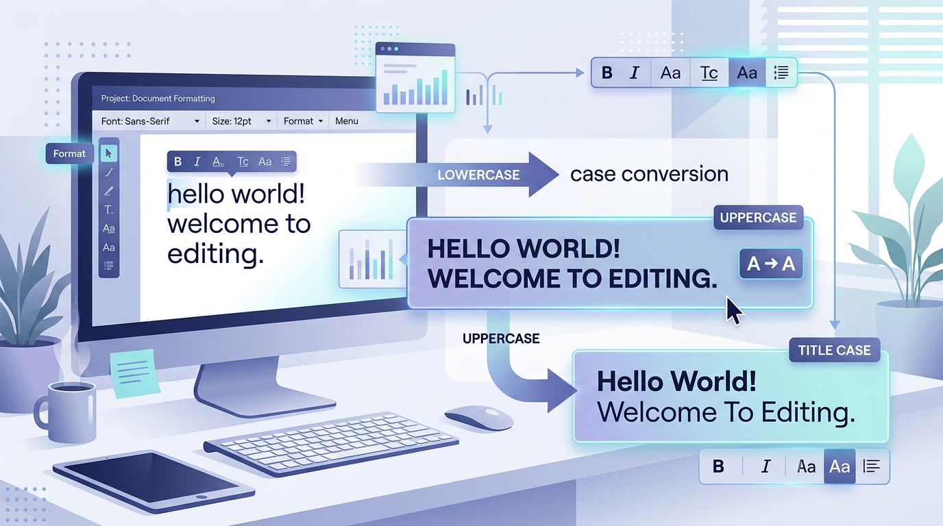 Text case converter guide illustration showing lowercase text transforming into uppercase and title case on computer screen
