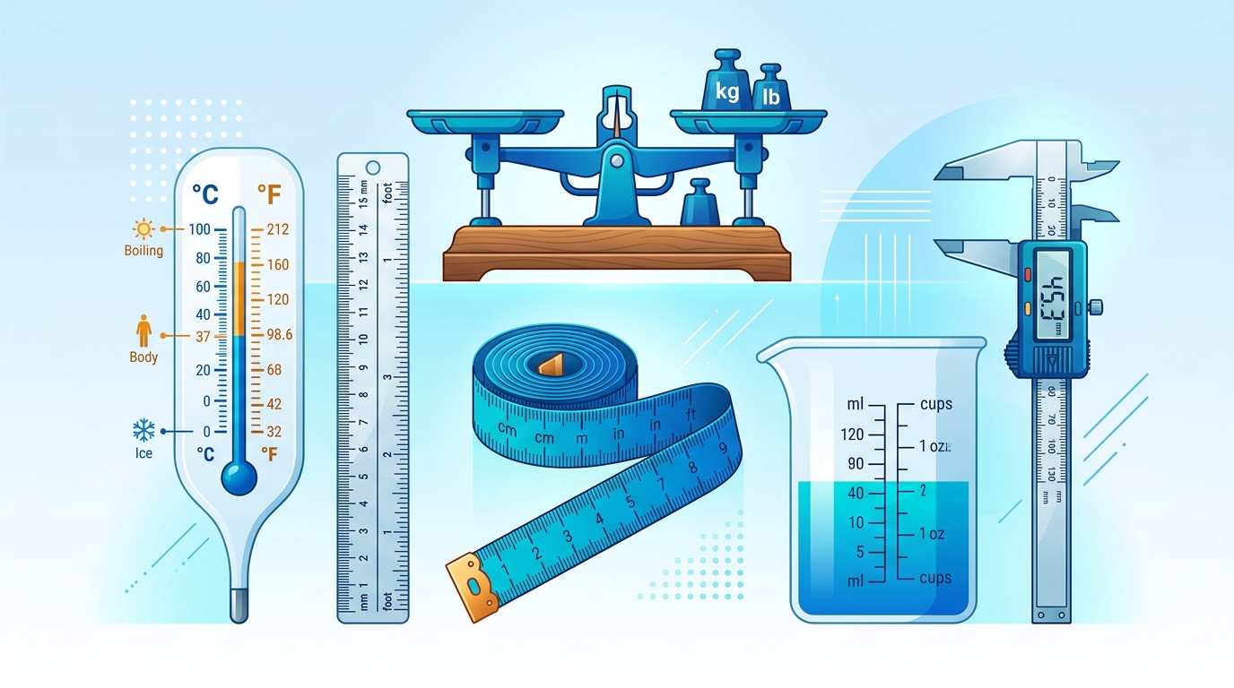 Unit converter guide illustration featuring rulers, thermometer, balance scale, beaker, and measurement metrics